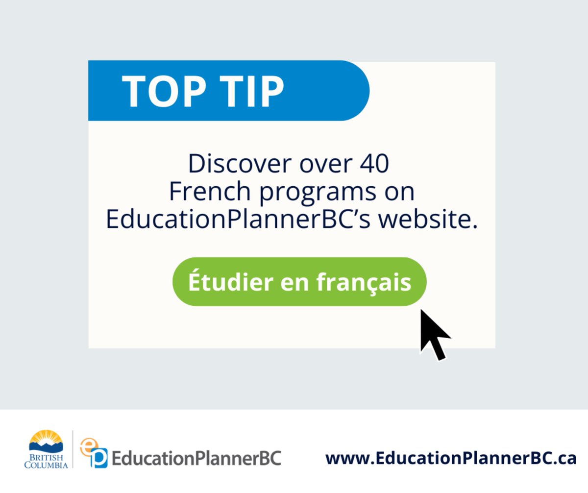 🎓 Planning your post-secondary journey? <a href="/edplanbc/">EducationPlannerBC</a> helps you:

✅ Explore programs &amp; careers
✅ Learn about financial aid
✅ Apply to B.C. schools

🔹 Students: bit.ly/epbc-french
🔹 Parents: bit.ly/epbc-parents

👉 educationplannerbc.ca