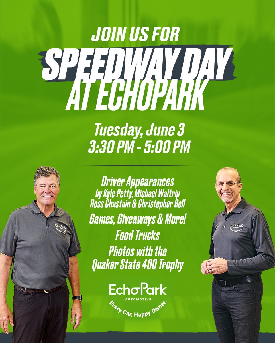 EchoPark Automotive (@echopark) on Twitter photo HEY ATLANTA NASCAR FANS! Tomorrow is Speedway Day at EchoPark Atlanta (Duluth)! Come out and join us for a fun filled afternoon full of games, giveaways, and an opportunity to meet Kyle Petty (<a href="/kylepetty/">Kyle Petty</a>) , Michael Waltrip (<a href="/MW55/">Michael Waltrip</a>), Ross Chastain (<a href="/RossChastain/">Ross Chastain</a>), and Christopher HEY ATLANTA NASCAR FANS! Tomorrow is Speedway Day at EchoPark Atlanta (Duluth)! Come out and join us for a fun filled afternoon full of games, giveaways, and an opportunity to meet Kyle Petty (<a href="/kylepetty/">Kyle Petty</a>) , Michael Waltrip (<a href="/MW55/">Michael Waltrip</a>), Ross Chastain (<a href="/RossChastain/">Ross Chastain</a>), and Christopher