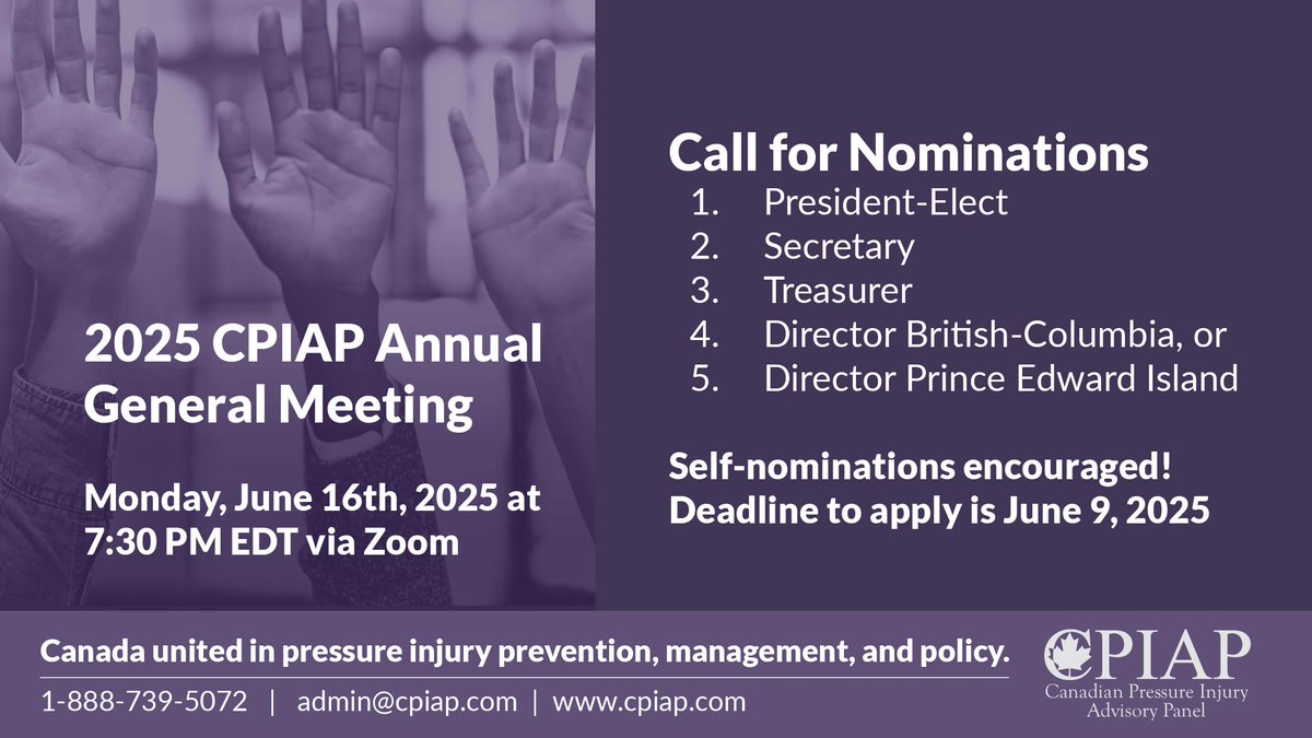 🚨 CPIAP is calling for nominations!

Join our leadership team and help advance pressure injury prevention in Canada. Open roles: President-Elect, Secretary, Treasurer, BC &amp; PEI Directors.

🗓️ Apply by June 9, 2025
🔗 Info: cpiap.com/post/call-for-…

#CPIAP #WoundCare #AGM2025