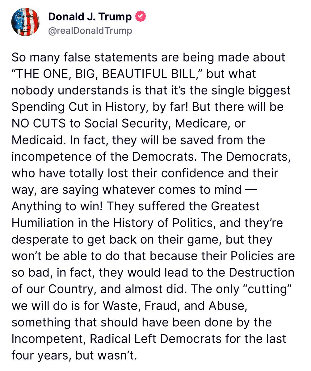 🚨President Trump calls out the false statements about the “One, Big, Beautiful Bill”: