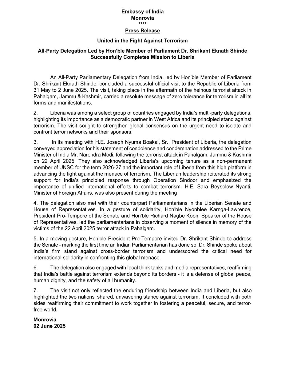 The All-Party Delegation led by Hon’ble MP <a href="/DrSEShinde/">Dr Shrikant Lata Eknath Shinde</a> completed its Mission in Liberia
#IndiaAgainstTerror#OperationSindoor
<a href="/PMOIndia/">PMO India</a> <a href="/narendramodi/">Narendra Modi</a> <a href="/DrSJaishankar/">Dr. S. Jaishankar</a> <a href="/MEAIndia/">Randhir Jaiswal</a> <a href="/AtulGargBJP/">Atul Garg</a> <a href="/sasmitpatra/">ଡ଼ଃ ସସ୍ମିତ ପାତ୍ର I Dr. Sasmit Patra</a> <a href="/ANI/">ANI</a>