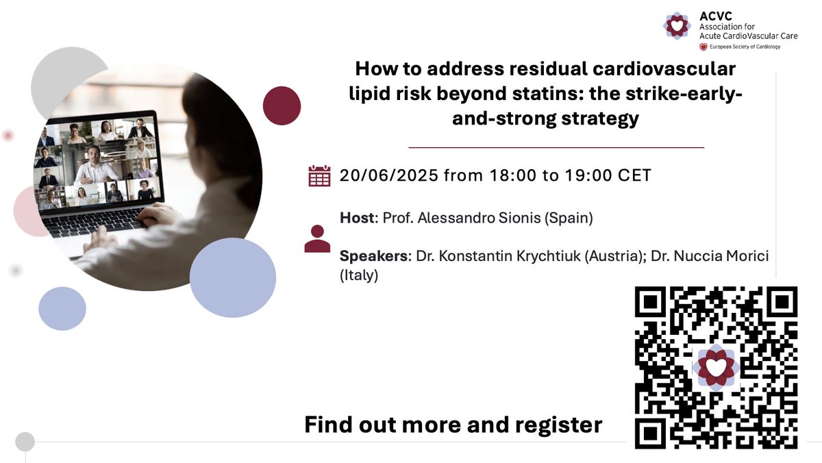 Konstantin Krychtiuk (@krychtiukmd) on Twitter photo After the <a href="/escardio/">European Society of Cardiology</a> webinar is before the webinar!
Join us, Nuccia Moricci, <a href="/ASionis/">Alessandro Sionis</a> and myself on
June 20th, 18:00 - 19:00 CEST
Title: How to address residual cardiovascular lipid risk beyond statins: the strike-early-and-strong strategy
esc365.escardio.org/event/2013?utm… After the <a href="/escardio/">European Society of Cardiology</a> webinar is before the webinar!
Join us, Nuccia Moricci, <a href="/ASionis/">Alessandro Sionis</a> and myself on
June 20th, 18:00 - 19:00 CEST
Title: How to address residual cardiovascular lipid risk beyond statins: the strike-early-and-strong strategy
esc365.escardio.org/event/2013?utm…