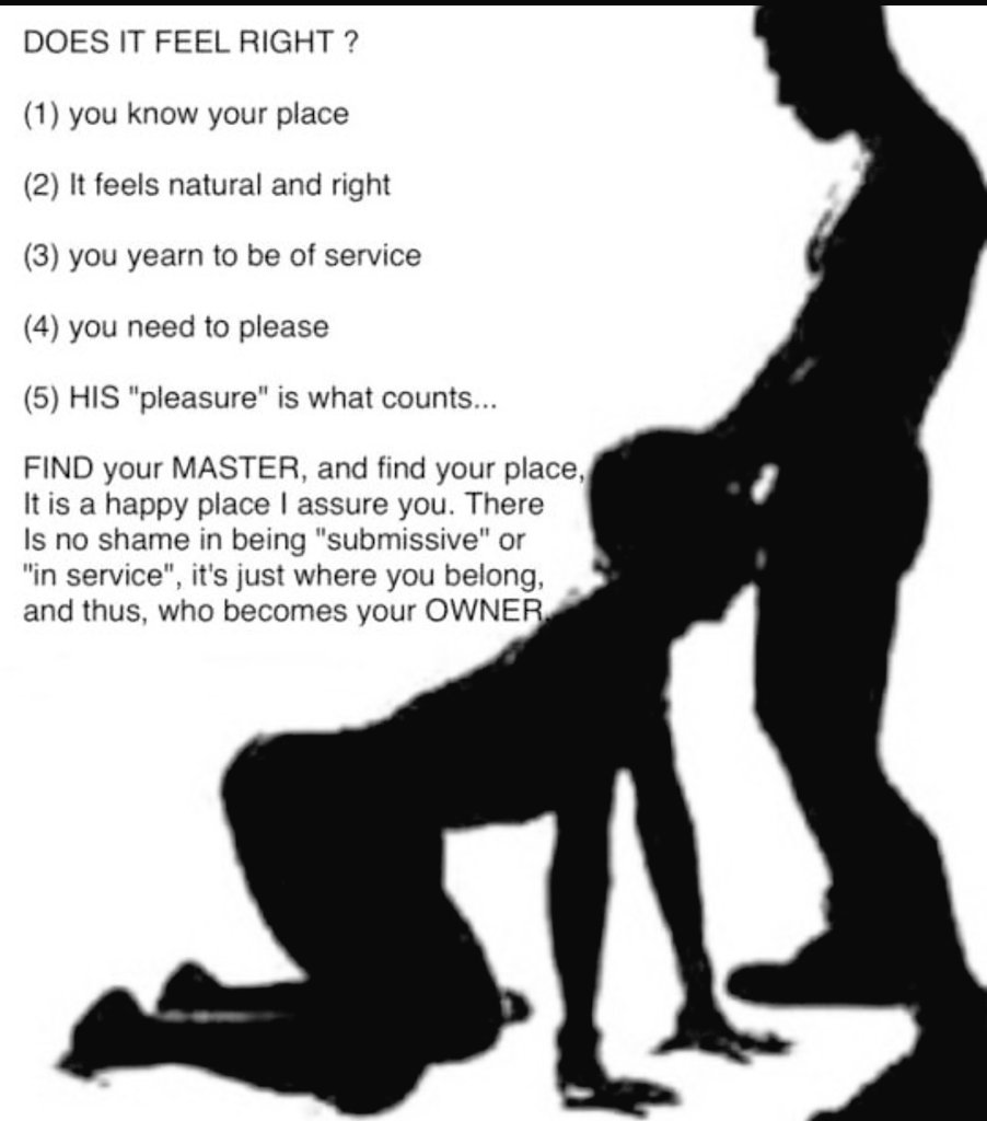 1 you know your place
2 it feels natural and right
3 you yearn to be service 
4 you need to please
5 his pleasure is what count

RT and find your master... Good luck ☘️