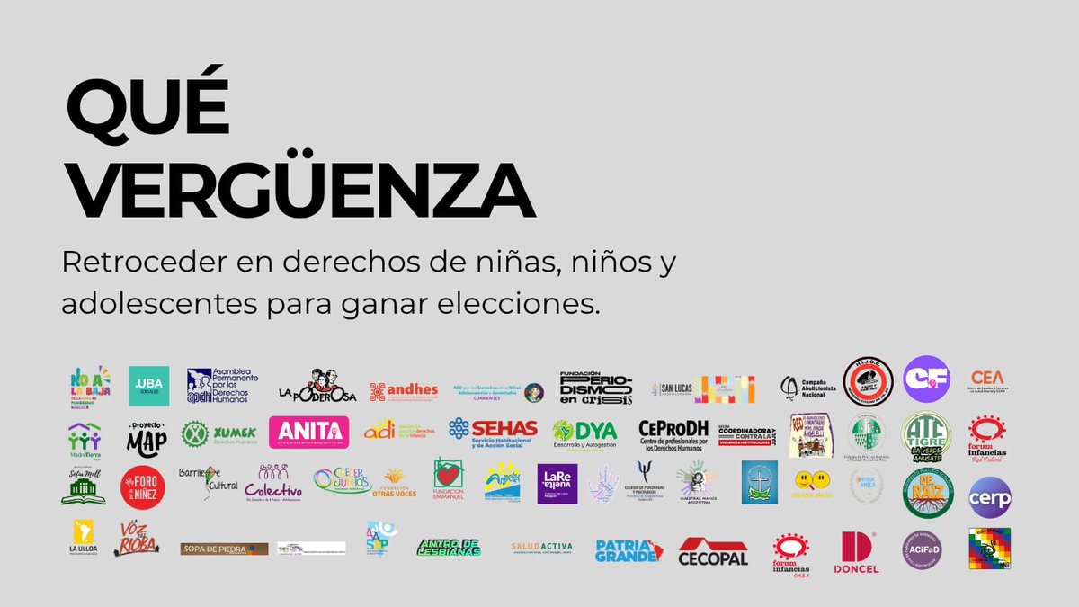 Diputados buscan bajar la edad de punibilidad de 16 a 14 años.

👉  Mientras el Estado recorta políticas de protección, en lugar de garantizar derechos, la propuesta es responder con castigo y encierro.

Por eso nos unimos para decirles ¡QUÉ VERGÜENZA!

#NoALaBaja #QuéVergüenza