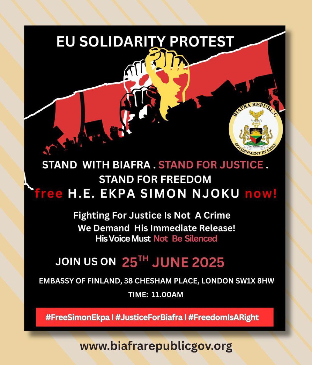 Simon Ekpa Akparawa (@akparawasunny) on Twitter photo Biafrans in European Regions have adopted a date for Solidarity protests for our PM <a href="/simon_ekpa/">Simon Ekpa</a>
Get in touch with your Biafra Liaison Admins to know the Necessary arrangements. Biafrans in European Regions have adopted a date for Solidarity protests for our PM <a href="/simon_ekpa/">Simon Ekpa</a>
Get in touch with your Biafra Liaison Admins to know the Necessary arrangements.