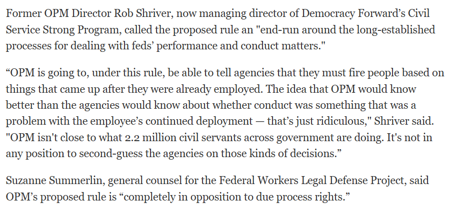 NEWS: OPM wants to fire federal employees w/in days, if they no longer meet ‘suitability’ standards that apply to job candidates. Feds fired under this process would have fewer appeal rights. Fmr OPM director calls it an ‘end-run’ around current disciplinary process
🔗⬇️
