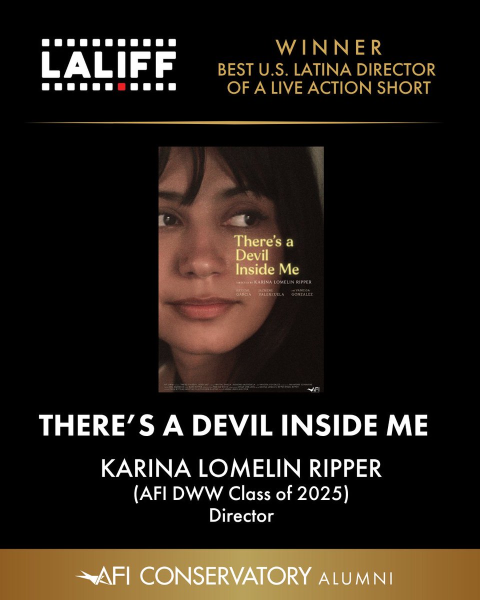 AFIConservatory's tweet image. Big congrats to Karina Lomelin Ripper (AFI DWW+ 2025) for winning Best U.S. Latina Director of a Live Action Short at #LALIFF2025 for her incredible #AFIDWW+ film THERE’S A DEVIL INSIDE ME! We’re so proud to see her powerful storytelling get the recognition it deserves. 👏👏👏