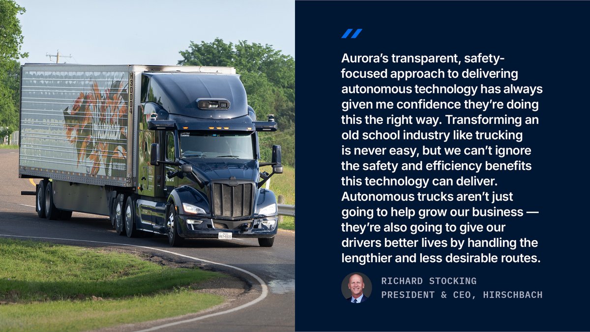 aurora_inno's tweet image. Old school industry. New era of driving. We’re proud to partner with industry leaders like @hirschbachml who see the road ahead. 🚛✨
#AutonomousTrucks #AuroraDriver #Logistics