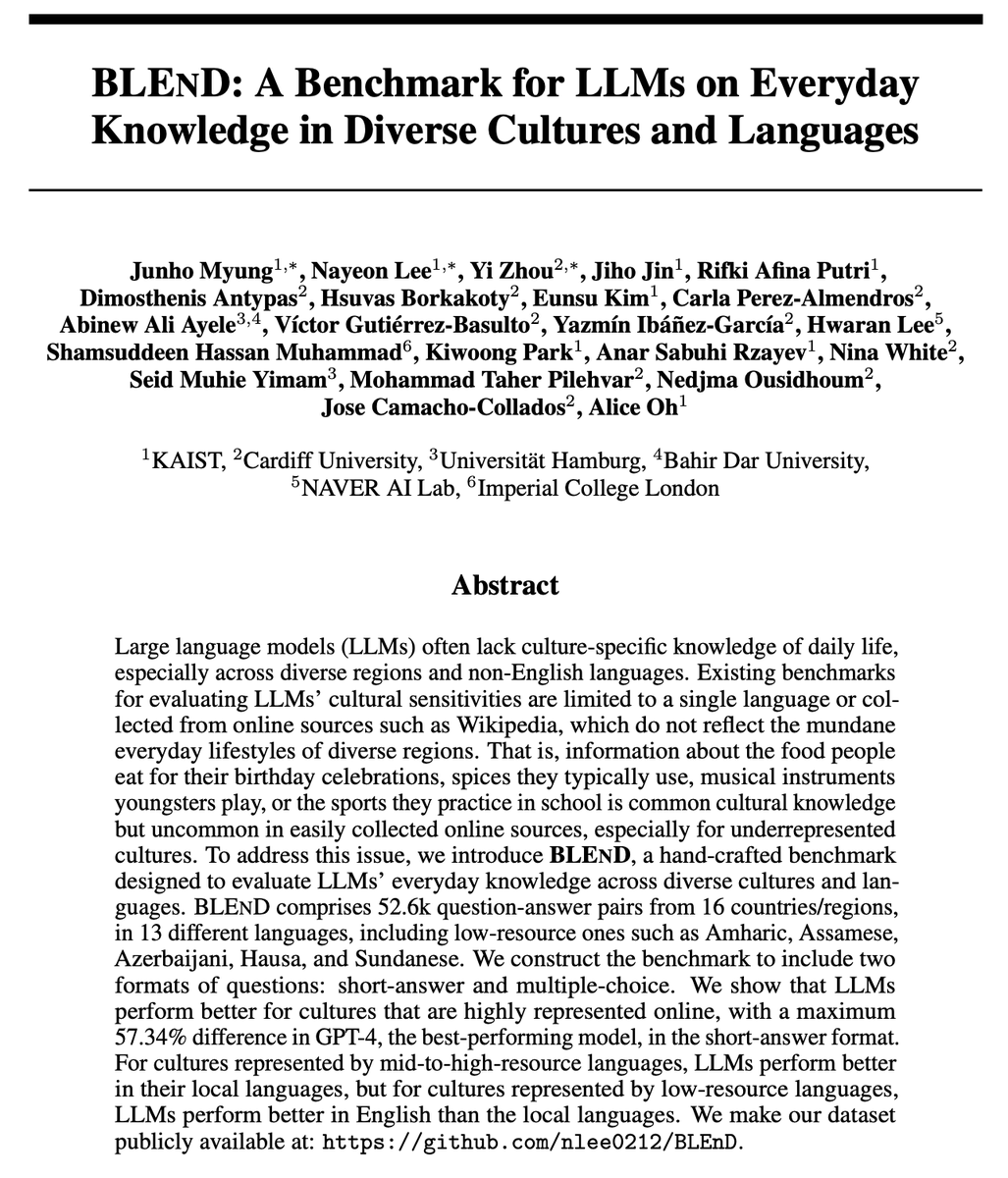kchonyc's tweet photo. you can say the authors of <BLEND: A Benchmark for LLMs on Everyday Knowledge in Diverse Cultures and Languages> were dedicated by looking at Table 1. https://t.co/jKex5udyGG
