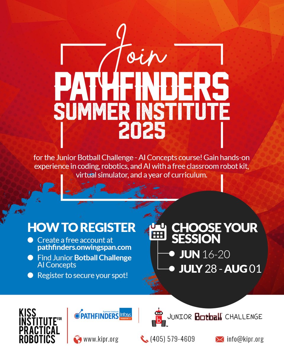 Join KIPR’s Junior Botball Challenge - AI Concepts course at the 2025 Pathfinders Summer Institute. 

Register today at pathfinders.onwingspan.com and secure your spot in the Junior Botball Challenge – AI Concepts course.