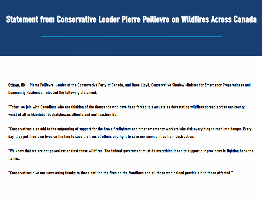 Canadians across the country are facing devastating wildfires, and our thoughts are with everyone affected.

Here is the full Statement from our Leader Pierre Poilievre.