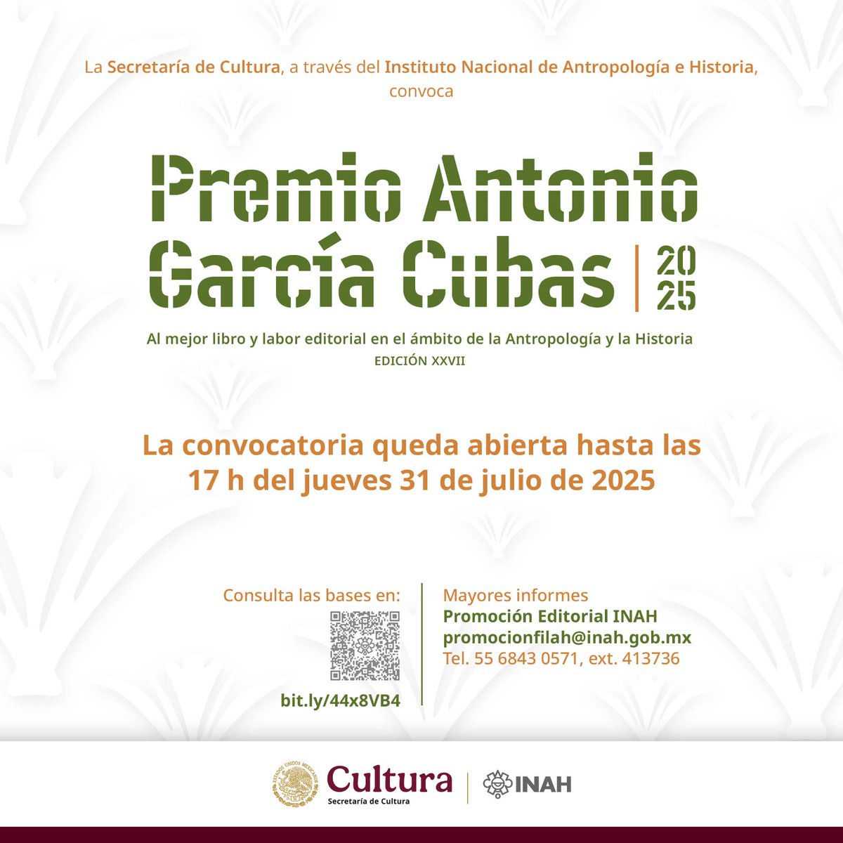 🚨 ATENCIÓN 🚨

Participa en el Premio Antonio García Cubas #PAGC2025, que reconoce mejor libro y labor editorial en el ámbito de la antropología y la historia.

🗓️ ¡Tienes hasta las 17 h. del jueves 31 de julio para enviar tu propuesta!

Conoce las bases: inah.gob.mx/images/cartel/…