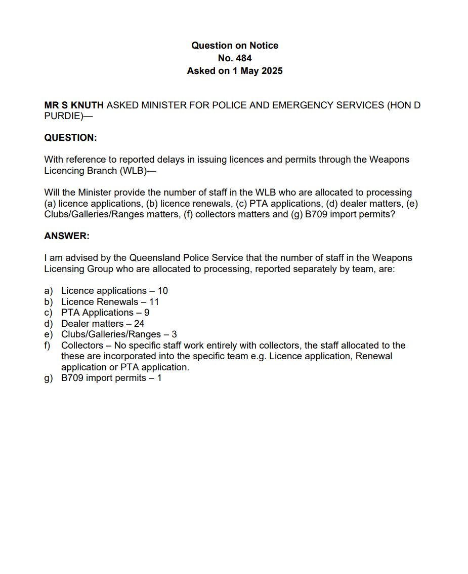 We've been trying to find out for ages exactly how many staff in Queensland Weapons Licensing are allocated to various tasks - and thanks to <a href="/ShaneKnuthMP/">Shane Knuth MP</a> and our friends at <a href="/KAPteam/">Katter's Aus Party</a>, we now have an answer via this Question on Notice.