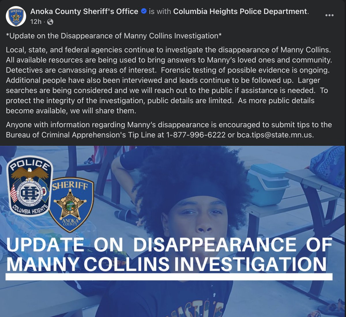 Update from Anoka County Sheriff Office regarding the disappearance of 16 year old Manny Collins