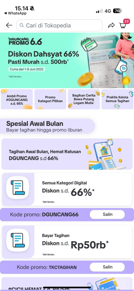 discountfess's tweet image. Aku baru aja bayar tagihan PLN &amp;amp; PDAM, dapet diskon sampe 66% 😎
Bukan sulap bukan sihir, ini karena pakai kode DGUNCANG66 dari Tokopedia!
Tanggal cantik 6.6, tagihan juga harus cantik 💅
#DGUNCANG #Tokopedia