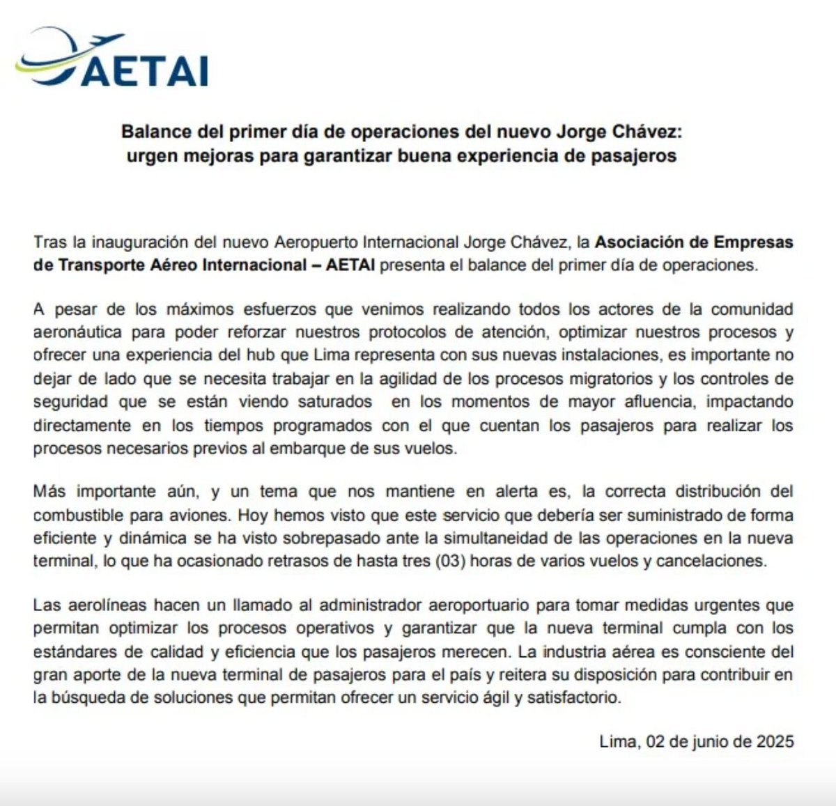 🎯 El caos continúa en el nuevo Aeropuerto Jorge Chávez. Debido a problemas en la distribución de combustible, varios vuelos se han retrasado y hasta cancelado, dejando varados a cientos de pasajeros. La Asociación de Empresas de Transporte Aéreo Internacional (AETAI) alertó que