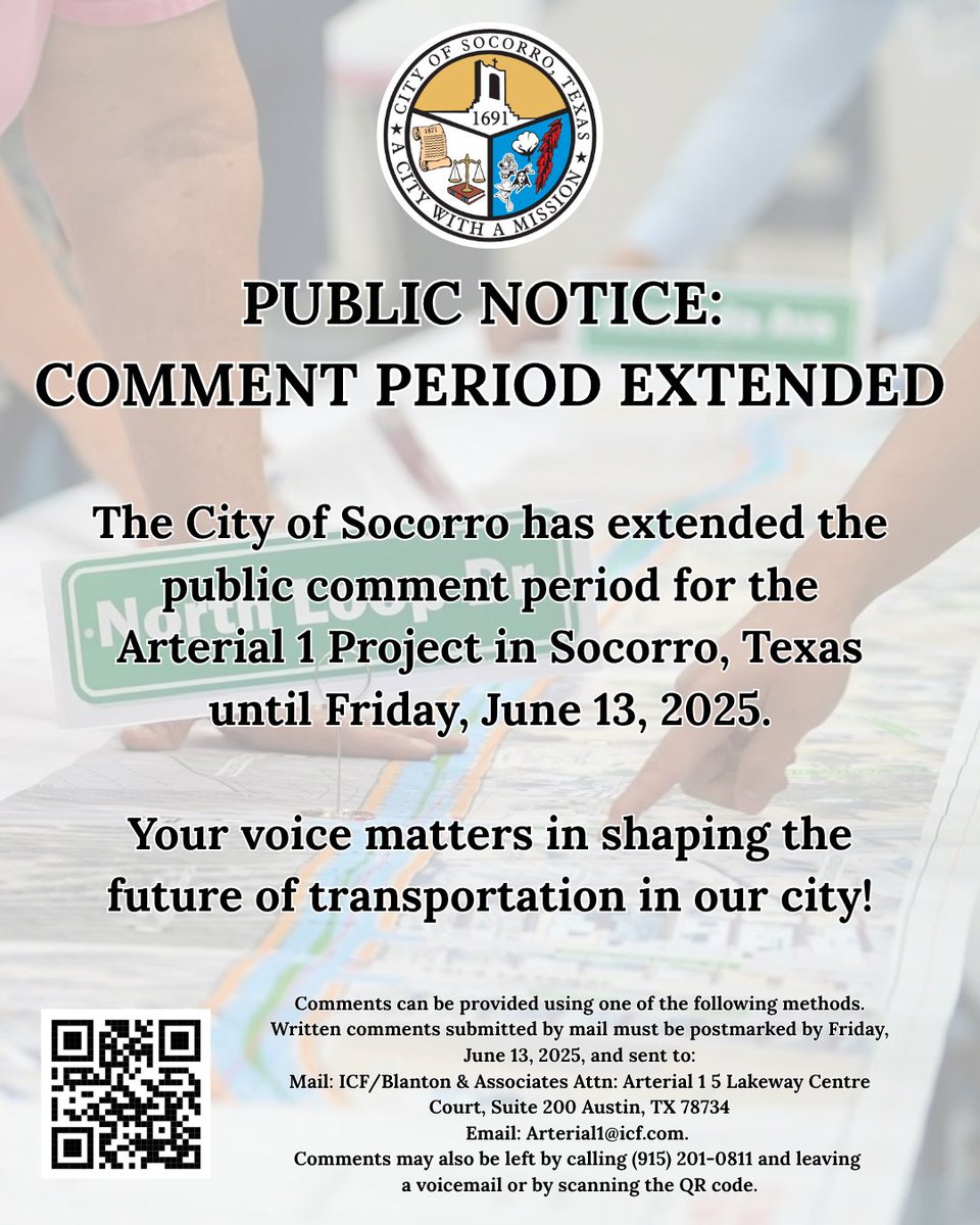 The City of Socorro has extended the public comment period for the Arterial 1 Project in Socorro, Tx until Friday, June 13. This extension gives our community more time to review the proposed improvements &amp; submit feedback. Please visit our website costx.us !📲