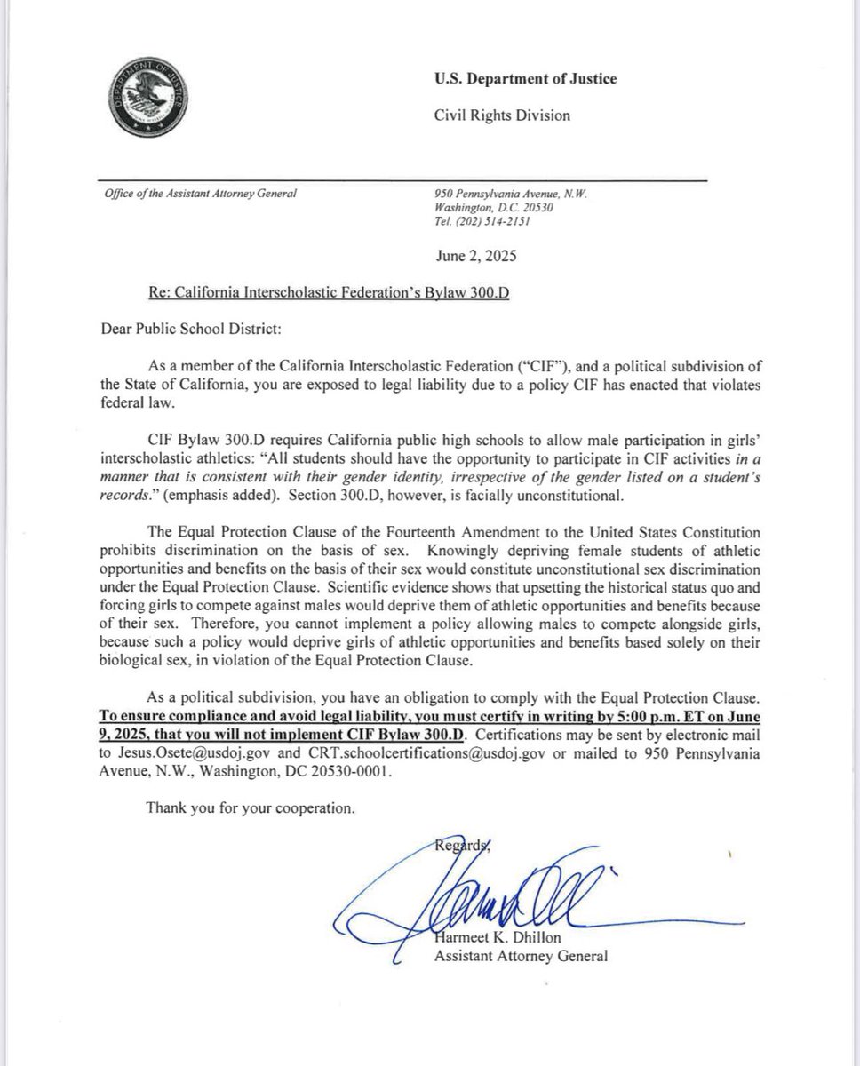 🚨 HUGE: DOJ says California’s CIF Bylaw 300D is UNCONSTITUTIONAL.
Districts must reject it by June 9 or face legal action.

This bylaw, backed by AB 957 &amp; Newsom, forced girls to compete vs. biological males.

The tide is turning.