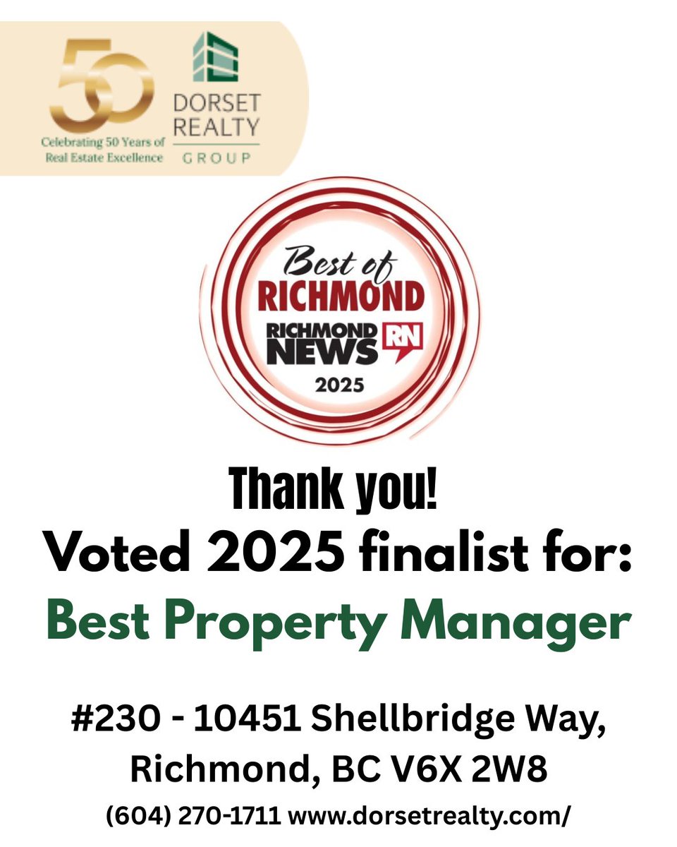 DorsetRealty's tweet photo. We’re excited to share that Dorset Realty Group has once again been named Best Property Manager by Richmond News! A huge thank you to the Richmond community and to our amazing clients across the Lower Mainland for your continued trust and support. 🎉 https://t.co/ykYwmLSgZQ