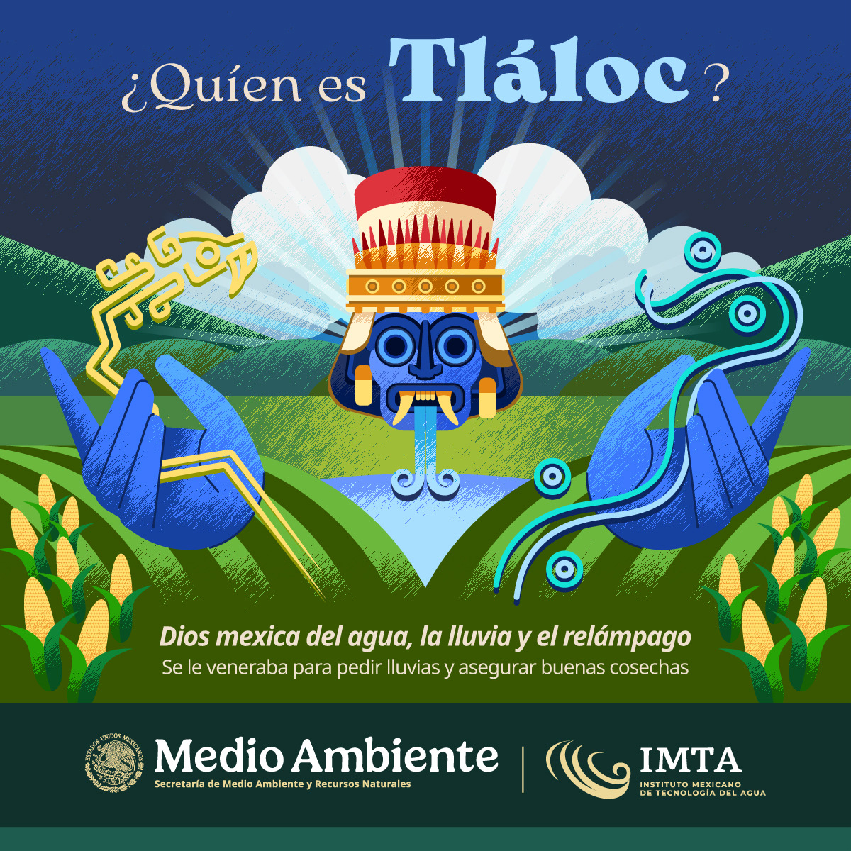 IMTA_mx's tweet photo. 🎇 Tláloc: dios de la lluvia, el trueno y el maíz 🌽
¿Sabías que tenía hijos llamados tlalocas que vivían en las nubes?
Conoce más sobre él ☁️⚡https://t.co/GJgwt8DXdv https://t.co/grsNqEOmpt