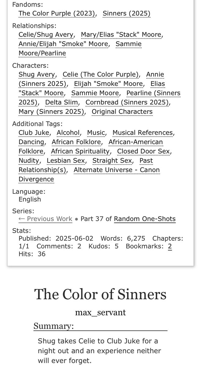 maxs_servant's tweet photo. This is a Color Purple X Sinners fic I wrote called “The Color of Sinners”. Join Celie and Shug at Club Juke in this. Please leave comments/kudos/feedback. Enjoy!
https://t.co/oTZdjgw0lr
#CelieShug #ColorPurple #Sinners #PushDaButton #PalePaleMoon #SmokeAnnie #ILiedToYou https://t.co/yFxxxvtnLm
