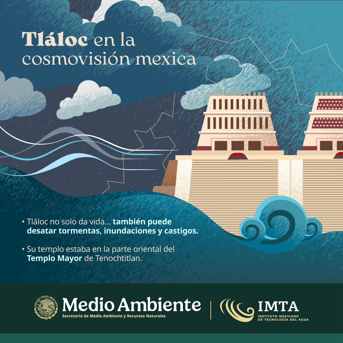 IMTA_mx's tweet photo. 🎇 Tláloc: dios de la lluvia, el trueno y el maíz 🌽
¿Sabías que tenía hijos llamados tlalocas que vivían en las nubes?
Conoce más sobre él ☁️⚡https://t.co/GJgwt8DXdv https://t.co/grsNqEOmpt