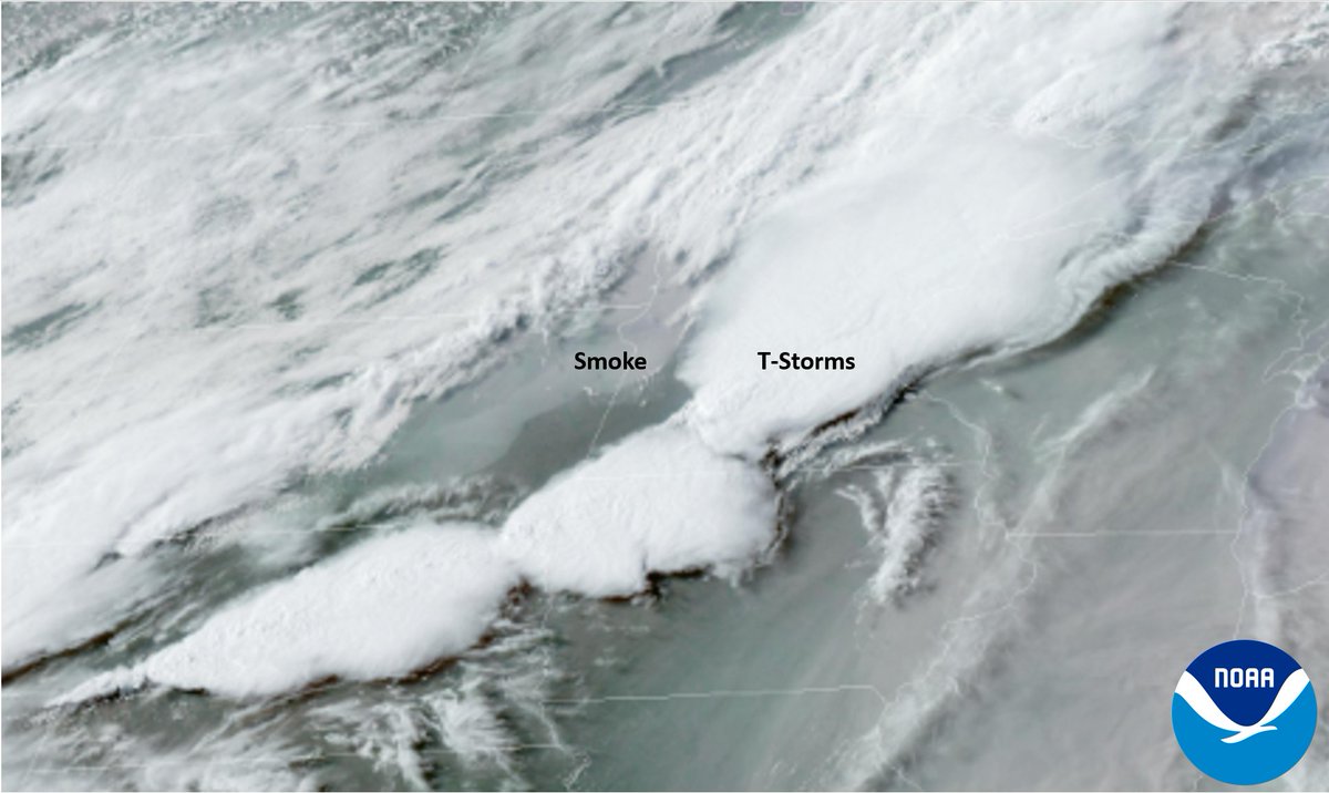 A busy night for weather! Showers and storms continue this evening, with smoke settling in near the surface after the front moves through - you can even see it from satellite! #mnwx #wiwx