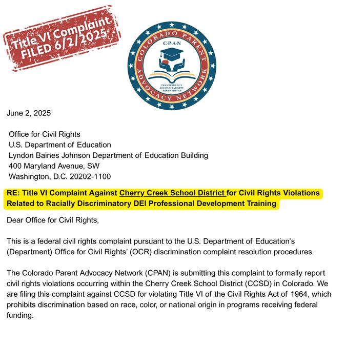 🚨 BREAKING NEWS! Major civil rights complaint filed against Cherry Creek School District. Allegations of Race-Based Training and Exclusionary Programming in teacher training program.