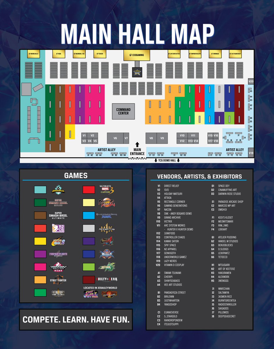 As #CEO2025 Competitor Registration comes to a close tonight, we wanted to share Our Main Tournament Hall Vendor Map.

So many artists, vendors, stages, stations and more to make this our most content heavy CEO event to date!

Hi-res version: ceogaming.org/wp-content/upl…
