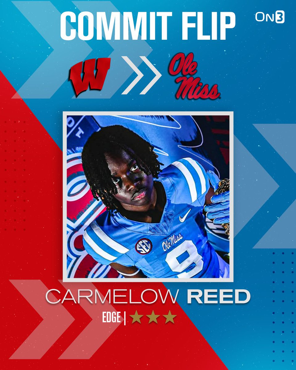 On3 Recruits (@on3recruits) on Twitter photo 🚨BREAKING🚨 EDGE Carmelow Reed has flipped his commitment from Wisconsin to Ole Miss, per <a href="/Hayesfawcett3/">Hayes Fawcett</a>🦈
Read: on3.com/news/ole-miss-… 🚨BREAKING🚨 EDGE Carmelow Reed has flipped his commitment from Wisconsin to Ole Miss, per <a href="/Hayesfawcett3/">Hayes Fawcett</a>🦈
Read: on3.com/news/ole-miss-…