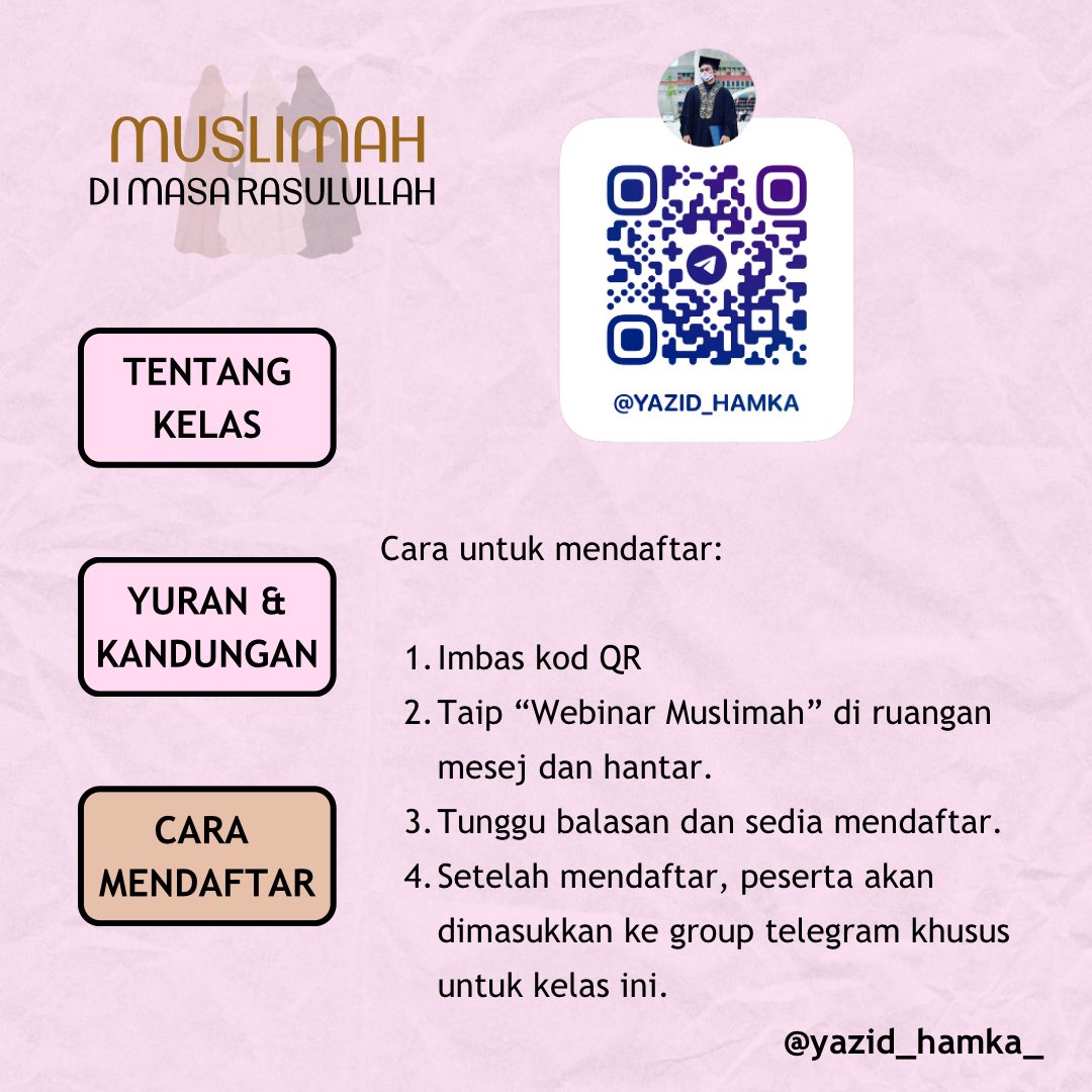 Pendaftaran Webinar
Muslimah Di Masa Rasulullah

Maklumat tentang webinar boleh dirujuk dalam gambar di bawah:

Jom ikuti, dan mohon sebarkan. Moga Allah berkati semua.