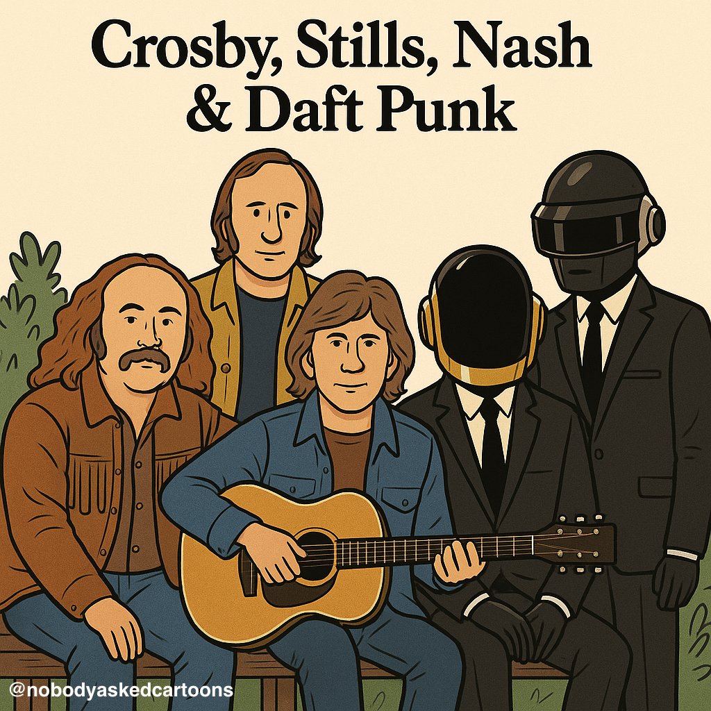 NobdyAskedToons's tweet image. The collaboration began to take shape after Crosby mistook a Daft Punk helmet for an ashtray.  #MusicLegendsUnite #FolkFusionFails #CartoonHumor #NobodyAskedCartoons