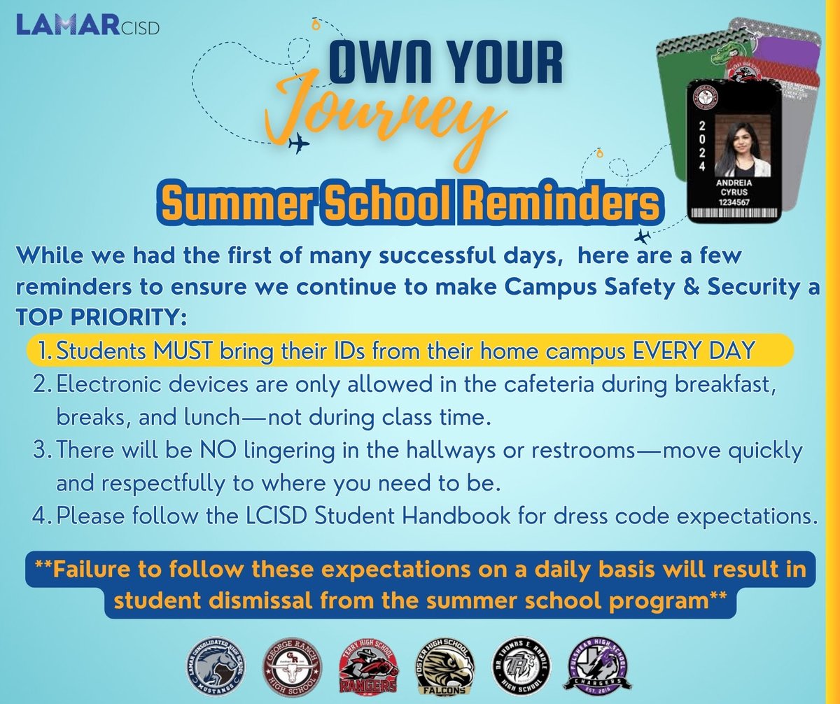 FosterHSNews's tweet image. For our Falcons attending summer school at Terry HS, please review these reminders.