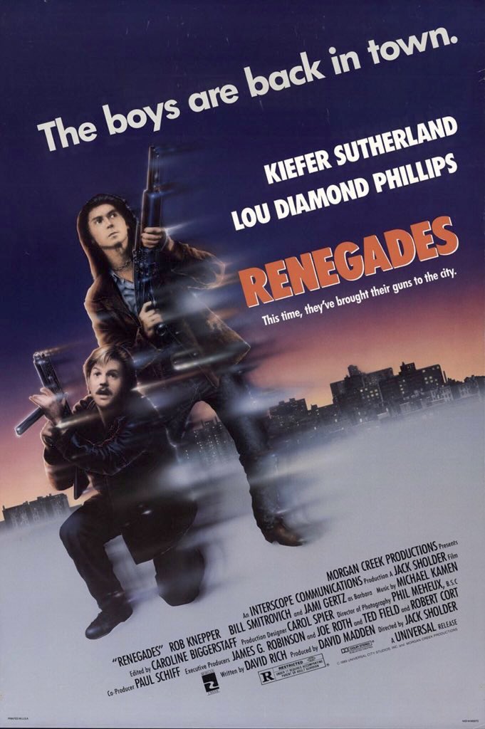 FilmNewsNos's tweet image. 🎬MOVIE HISTORY: 36 years ago today, June 2, 1989, the movie 'Renegades' opened in theaters!

@LouDPhillips @RealKiefer #RobertKnepper #BillSmitrovich #JamiGertz #ClarkJohnson #PeterMacNeill #FloydWesterman #JosephGriffin #KyraHarper #JackSholder