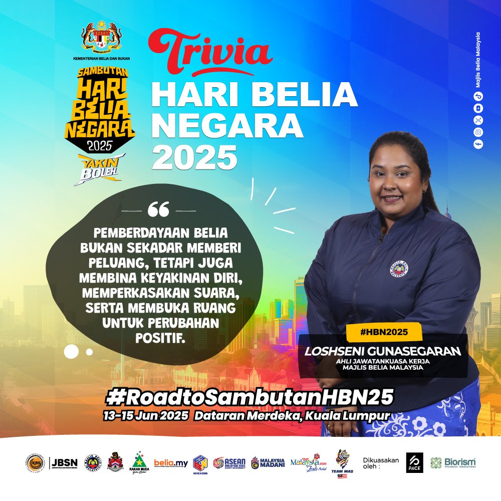 📣 #RoadtoSambutanHBN25 💥🔥 

Satu platform besar yang menghimpunkan belia dari seluruh negara 🇲🇾 

Penuh dengan segmen menarik &amp; aktiviti meraikan pencapaian belia 💪🏽✨ 

‼️ Lock tarikh ini :
📆 13-15 Jun 2025
📍 Dataran Merdeka, Kuala Lumpur