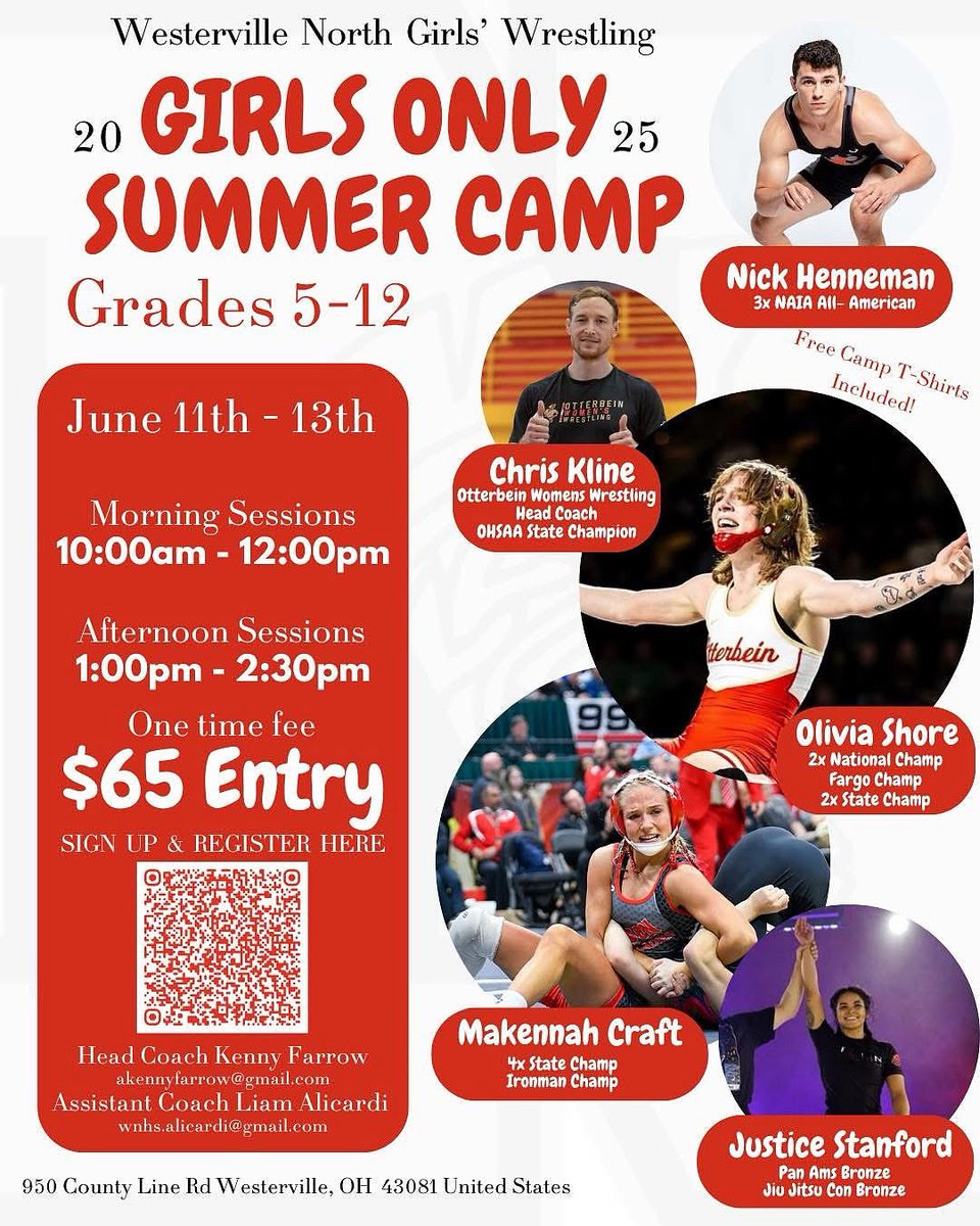 Wrestling Camp - Girls Only - Grades 5-12
Westerville North High School - Door 22
June 11-13 - 10:00 a.m. - 2:30 p.m. 
$65 Entry - Includes T-shirt
Bring your own lunch, 12:00-1:00

Register here:  westerville.hometownticketing.com/embed/event/25…