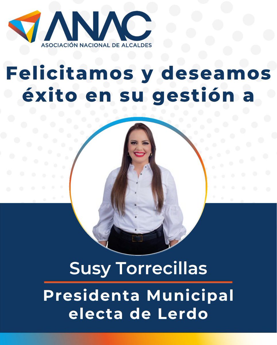 Asoc.Nal de Alcaldes (@anacmx_) on Twitter photo ¡Felicidades a <a href="/SCTorrecillas/">Susy Carolina</a> por ser electa como Presidenta Municipal de Lerdo, Durango!
Con casi el 60% de los votos, la ciudadanía respaldó tu liderazgo y visión. Desde la ANAC celebramos este gran triunfo que confirma la confianza en los buenos gobiernos. ¡Felicidades a <a href="/SCTorrecillas/">Susy Carolina</a> por ser electa como Presidenta Municipal de Lerdo, Durango!
Con casi el 60% de los votos, la ciudadanía respaldó tu liderazgo y visión. Desde la ANAC celebramos este gran triunfo que confirma la confianza en los buenos gobiernos.