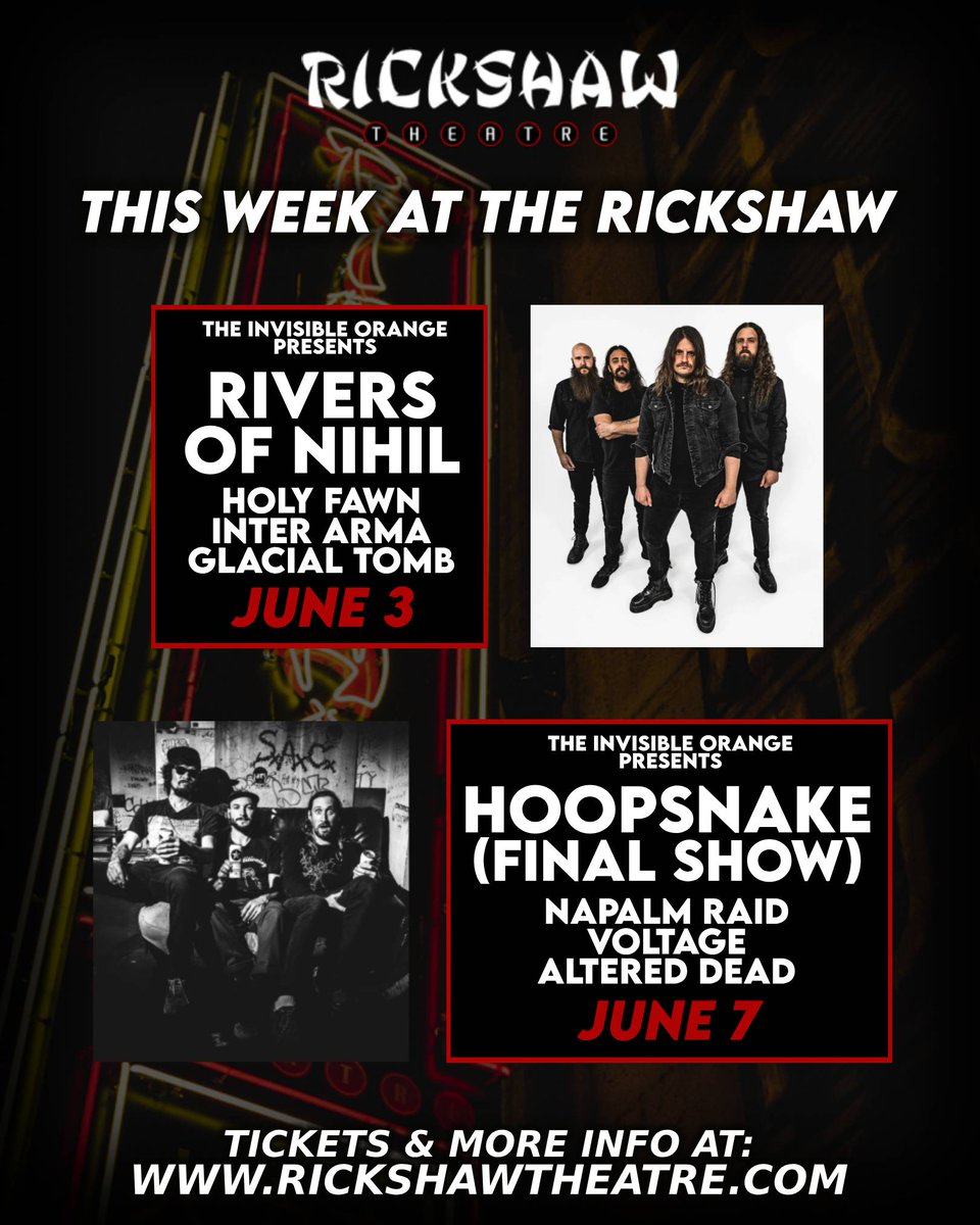 🔥 THIS WEEK 🔥
Tickets and more info at rickshawtheatre.com

<a href="/riversofnihil/">Rivers of Nihil</a> <a href="/InvisiblOrange/">The Invisible Orange</a> #rickshawtheatre #whattodoinvancouver #thisweekeninvancouver #vancouvermetal #concerts