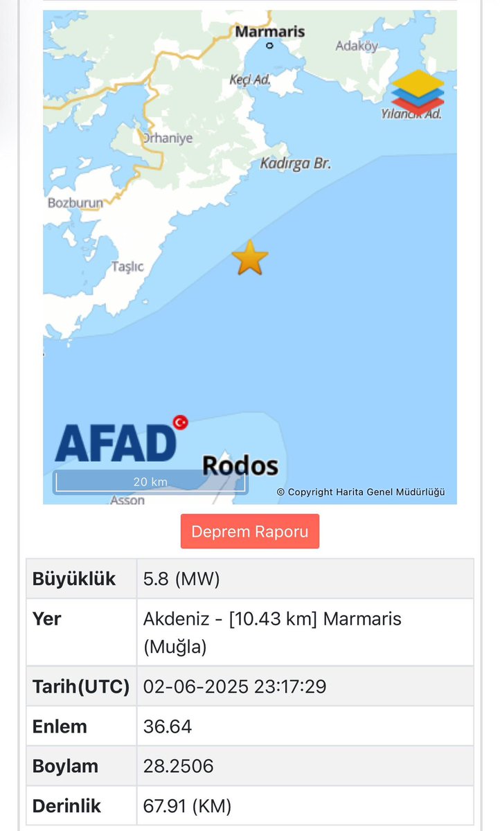 Marmaris açıklarında meydana gelen 5.8 büyüklüğündeki deprem nedeniyle an itibarıyla, ilimizde olumsuz bir durum bulunmamaktadır.

Saha tarama çalışmaları devam etmektedir.

Tüm vatandaşlarımıza geçmiş olsun.