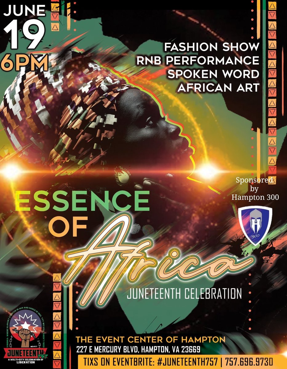 Sick Witted Ent (@sickwittedent) on Twitter photo #Juneteenth757 Essence of Africa Fashion Show on June 19th celebrating BLACK excellence and liberation. For tickets or information on how to become involved, including models and vendors, please contact 757.696.9730 or email 757Juneteenth@gmail.com
#Juneteenth #Juneteenth757 Essence of Africa Fashion Show on June 19th celebrating BLACK excellence and liberation. For tickets or information on how to become involved, including models and vendors, please contact 757.696.9730 or email 757Juneteenth@gmail.com
#Juneteenth