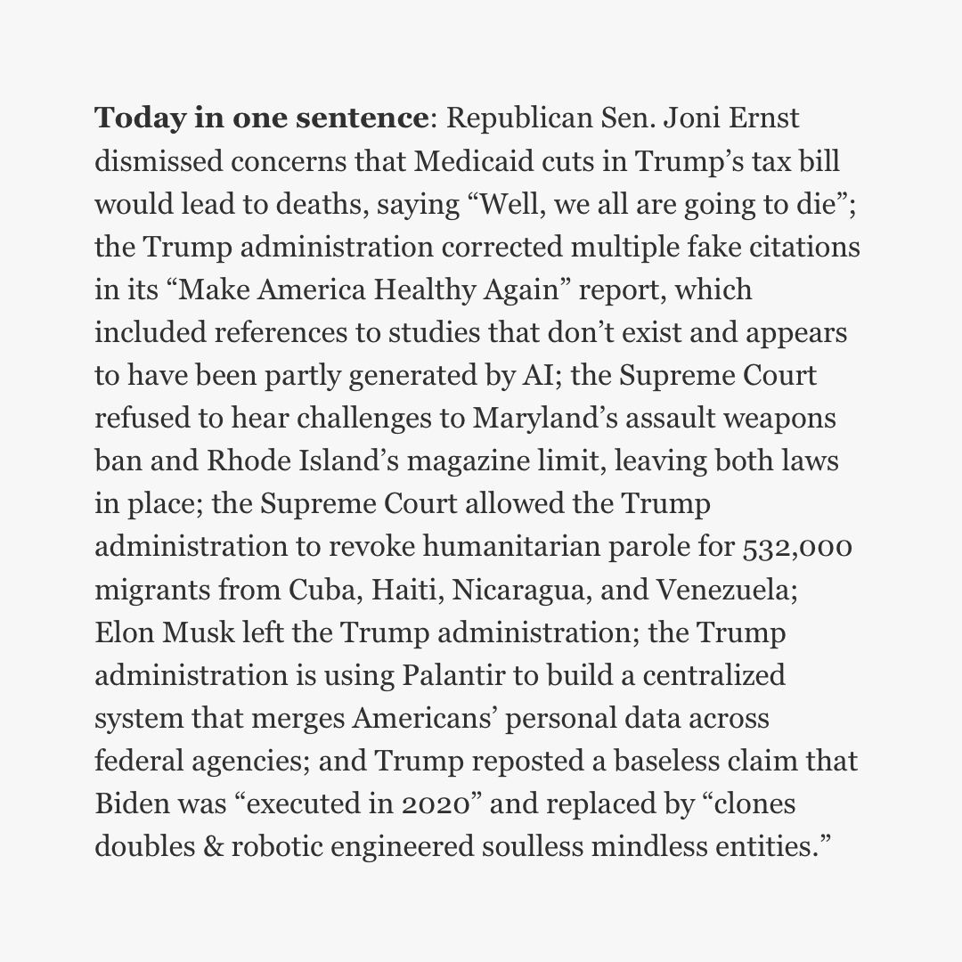 🗓️ Today in one sentence for Monday, June 2, 2025.

Trump, Day 1595: "We deserve better."

whatthefuckjusthappenedtoday.com/2025/06/02/day…