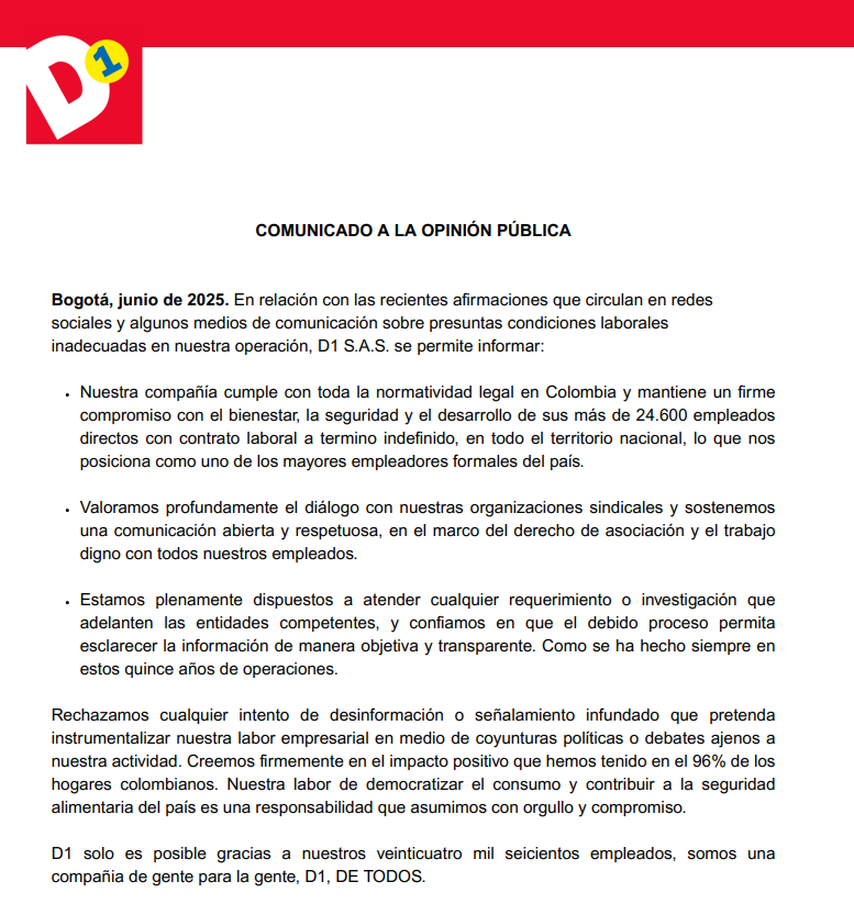 Frente a una denuncia de medios públicos, con inmediato eco en influencers afines al gobierno y anuncio de investigación por parte del ministro de Trabajo, aquí está el comunicado de D1 fijando posición. Por supuesto, las autoridades tienen todo el derecho de esclarecer los