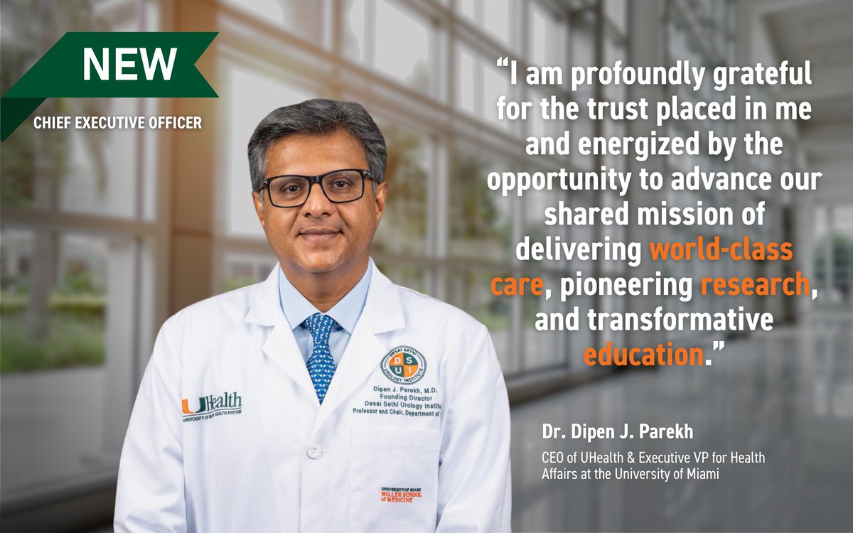 UMiami Health System (@umiamihealth) on Twitter photo We’re proud to share that the University of Miami Board of Trustees has unanimously endorsed Dr. Dipen J. Parekh (<a href="/dipenjparekh/">Dipen J Parekh, M.D.</a>) as the next Chief Executive Officer of UHealth and Executive Vice President for Health Affairs at the University of Miami (<a href="/univmiami/">University of Miami</a>).
UHealth and We’re proud to share that the University of Miami Board of Trustees has unanimously endorsed Dr. Dipen J. Parekh (<a href="/dipenjparekh/">Dipen J Parekh, M.D.</a>) as the next Chief Executive Officer of UHealth and Executive Vice President for Health Affairs at the University of Miami (<a href="/univmiami/">University of Miami</a>).
UHealth and