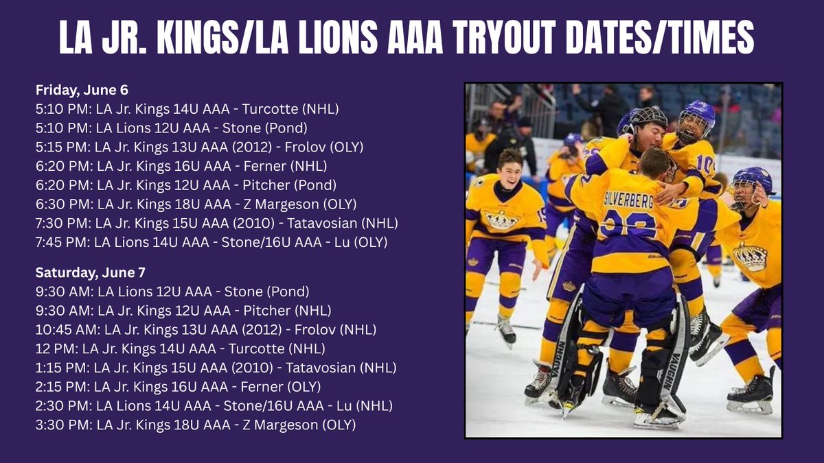 ❗️PLEASE NOTE❗️the dates &amp; times of this weekend's LA Jr. Kings/LA Lions Tier I AAA tryouts, all of which will be conducted at Toyota Sports Performance Center in El Segundo! See you at the rink! 😎