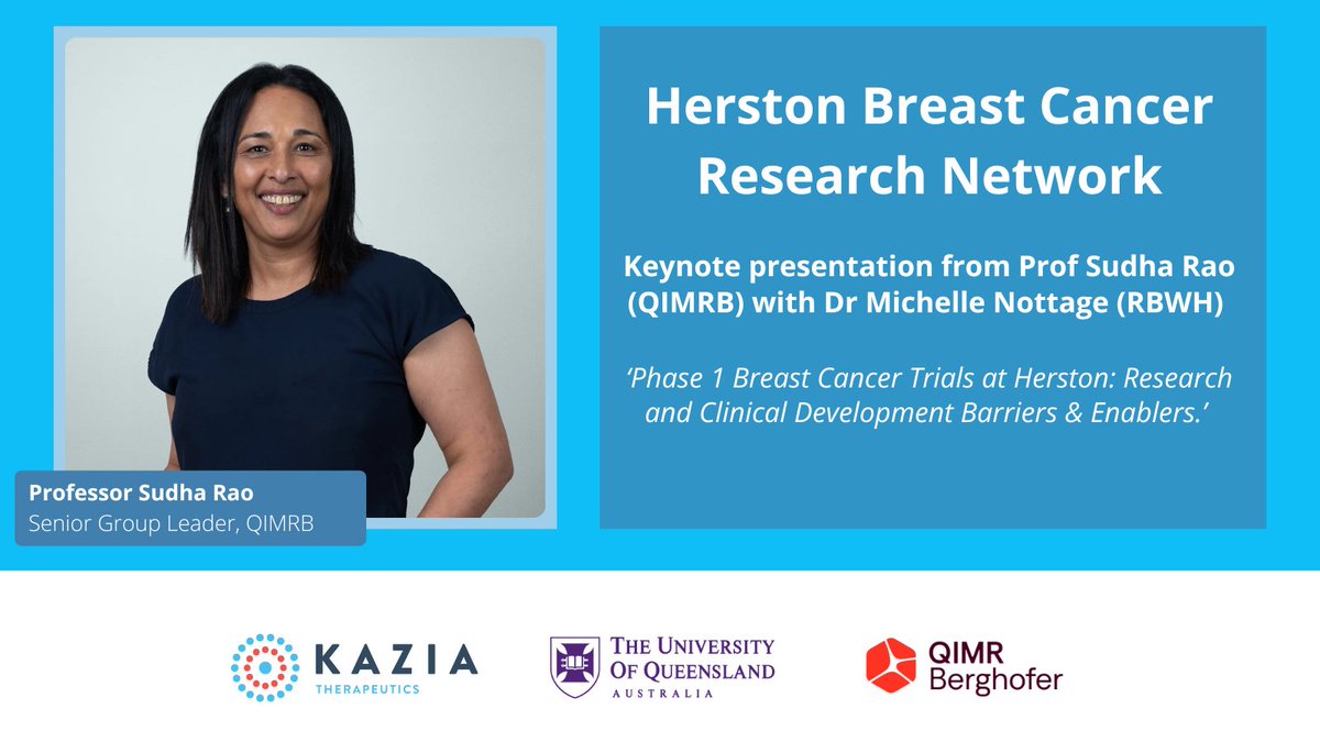 KaziaTx's tweet photo. We’re excited to share that Professor Sudha Rao from @QIMRB_Institute will be a keynote speaker at the “Herston Breast Cancer Research Network” event, hosted by @UQ_News at their Herston Campus.
📅 Date: June 12
⏰ Time: 2:00 - 4:30 PM
📍 Location: UQCCR Auditorium
#BreastCancer https://t.co/2hZ2fkkby3