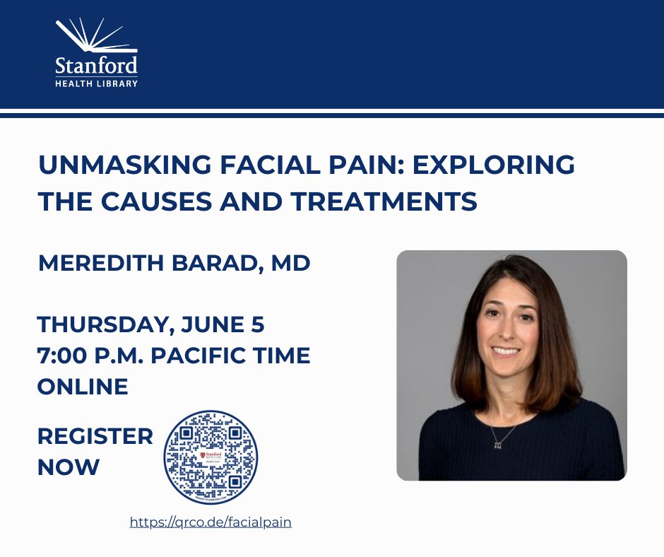 Stanford Health Care (@stanfordhealth) on Twitter photo Struggling with facial pain? Join Meredith Barad, MD, on June 5 at 7PM PT to uncover the causes & treatments for the most common types of orofacial pain. Free & online: healthlibrary.stanford.edu/lectures-event… Struggling with facial pain? Join Meredith Barad, MD, on June 5 at 7PM PT to uncover the causes & treatments for the most common types of orofacial pain. Free & online: healthlibrary.stanford.edu/lectures-event…