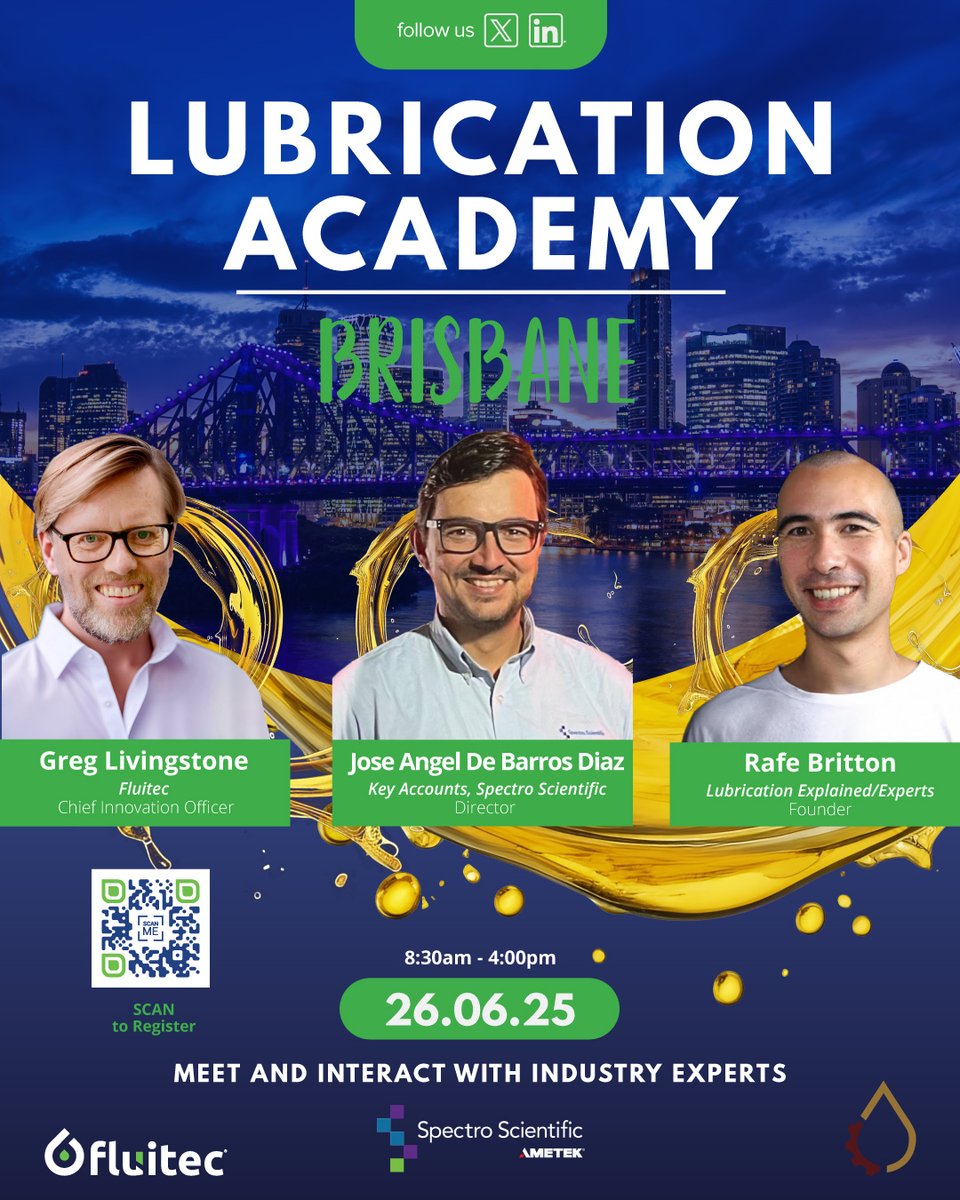 Brisbane, are you ready?!

The team will be hosting a LA in Brisbane on the 26th June!

Attend and learn from Greg Livingstone, Jose Angel De  Barros Diaz (Spectro Scientific) &amp; Rafe Britton (Lubrication Expert).
zurl.co/fUlZz 

#fluitec #LubricationAcademy #Australia