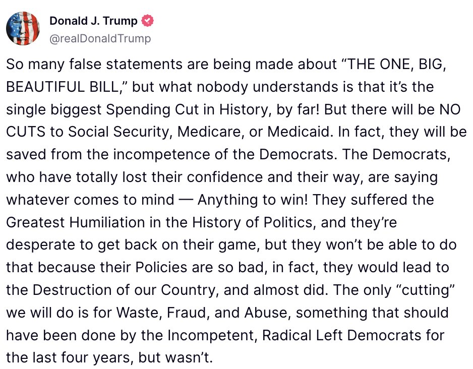 🚨 BREAKING: Trump difende il suo "Grande e Bellissimo Piano" come il "più grande taglio alla spesa della storia" senza intaccare Social Security, Medicare o Medicaid.