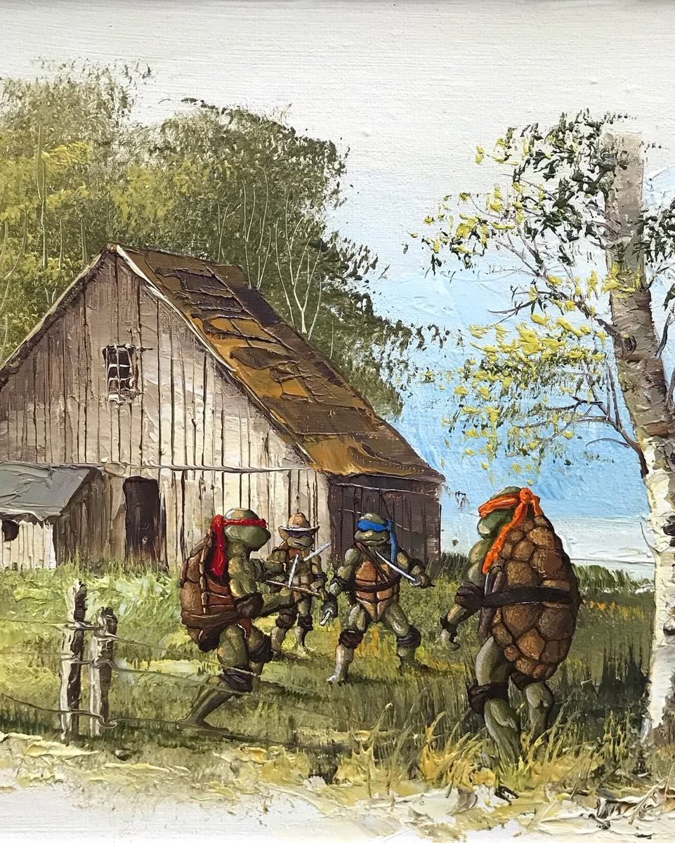 Someone painted the turtles into a thrift store painting