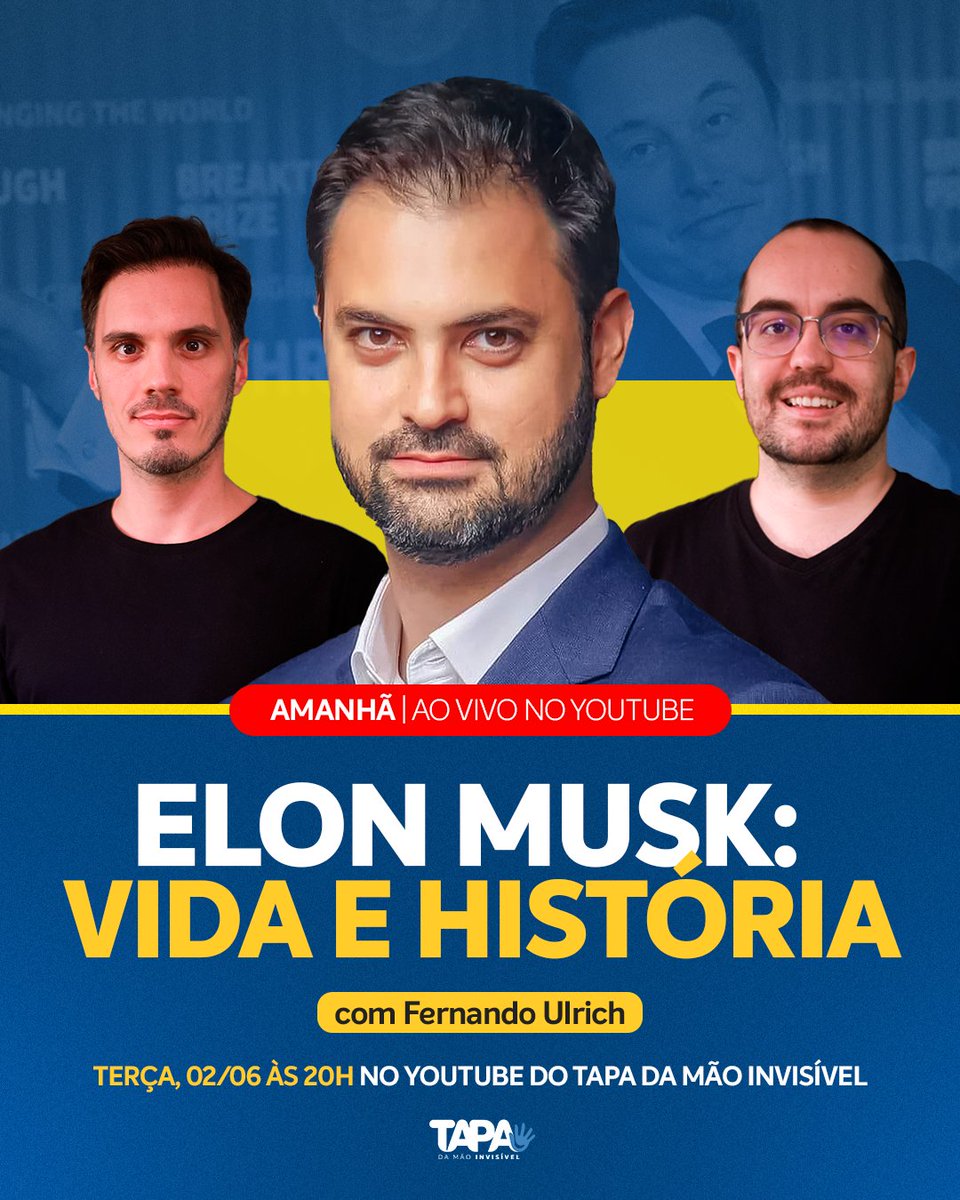 Tapa da Mão Invisível (@tdmaoinvisivel) on Twitter photo Amanhã, às 20h, o Tapa da Mão Invisível recebe <a href="/fernandoulrich/">Fernando Ulrich</a> para mergulhar na trajetória de Elon Musk, dos fracassos ao topo, até sua influência no governo Trump.
Ao vivo no YT e aqui no X. Esperamos vocês! Amanhã, às 20h, o Tapa da Mão Invisível recebe <a href="/fernandoulrich/">Fernando Ulrich</a> para mergulhar na trajetória de Elon Musk, dos fracassos ao topo, até sua influência no governo Trump.
Ao vivo no YT e aqui no X. Esperamos vocês!